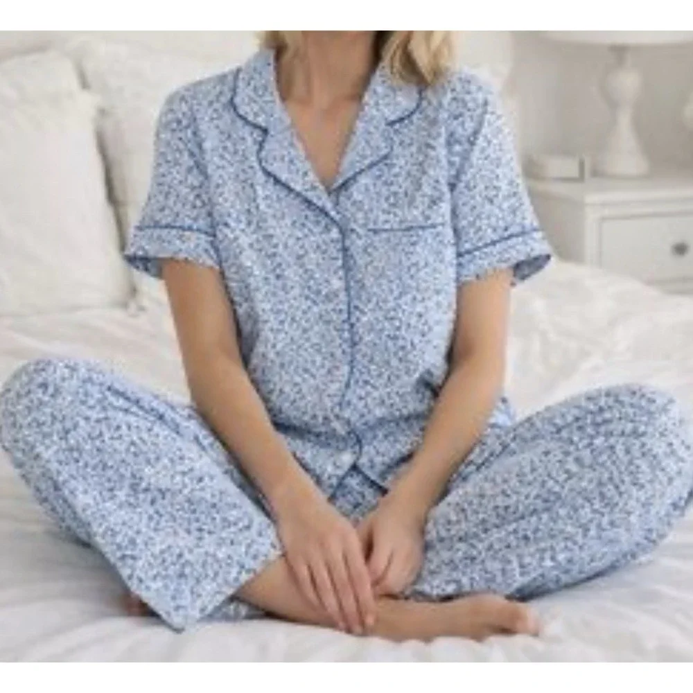 Kate Spade WHITE/BLUE FLORAL Soft Knit Cropped Pajama Set Women's‎ XL Spring
